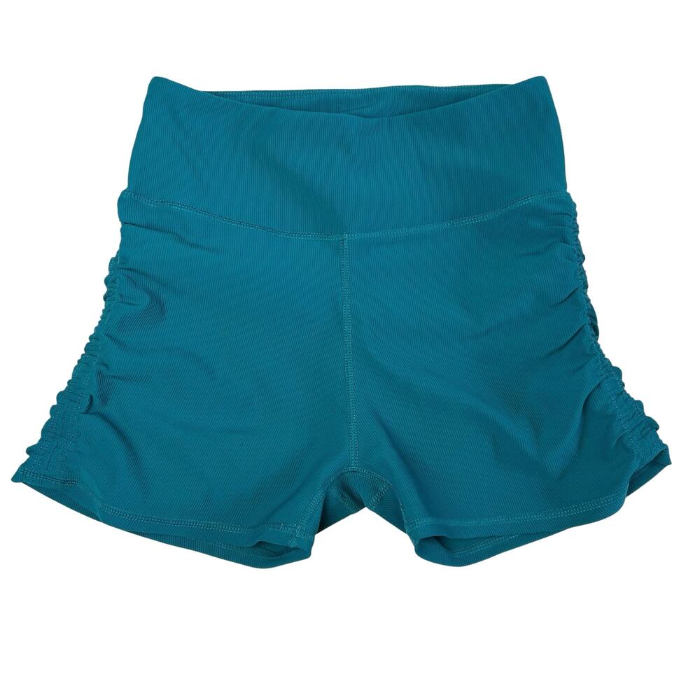 Wilo The Label High-Waisted Ruched Ribbed Athletic Biker Shorts Teal Sz Medium